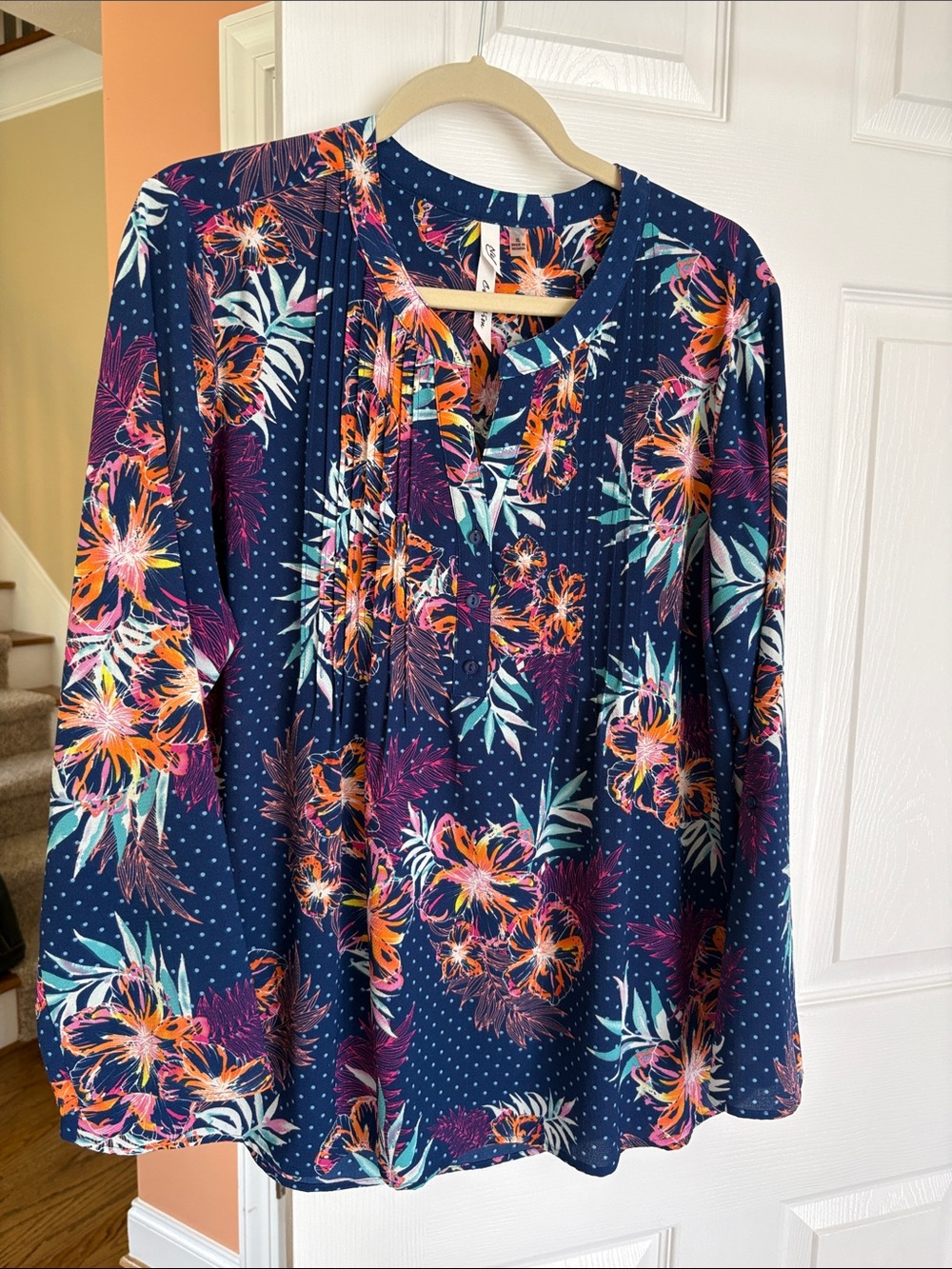 NY Collection Navy Floral Long-Sleeve Blouse